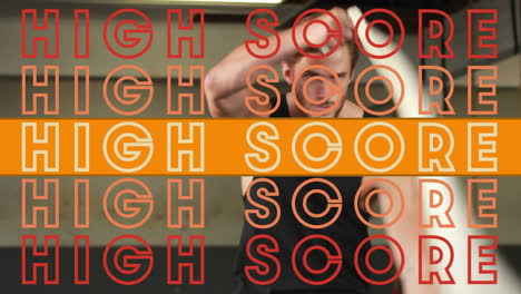 animation of high score text in repetition with orange stripe over man exercising with battle ropes