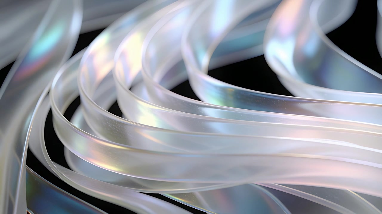 Sweeping light causing thin ribbon cluster shifting overlaps at macro black backdrop, pearl sheen