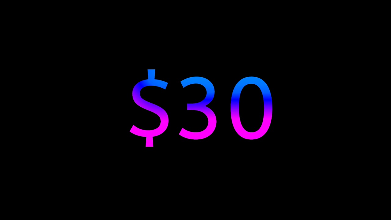 Modern Neon Price Tag $30 dollars Animation Glowing Gradient Currency Text Motion Graphics on Black Background, Loop able business concept