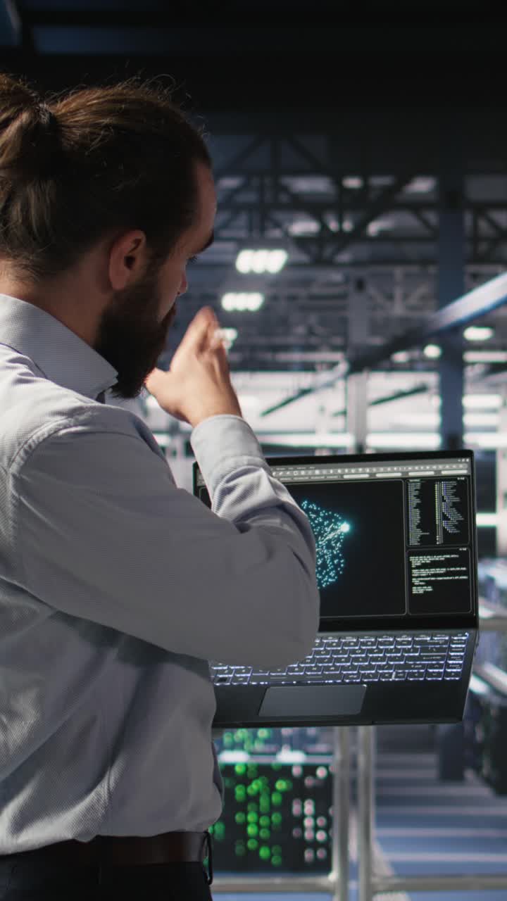 Vertical video Military personnel in high tech server hub overseeing AI computing operations