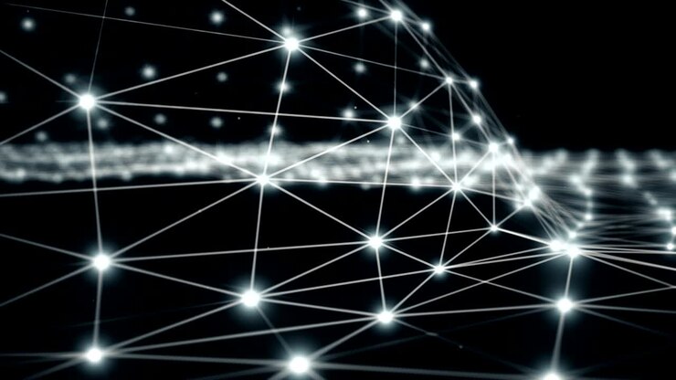 Sfondo animato blu astratto con plexus, tecnologia fantastica e ingegneria.