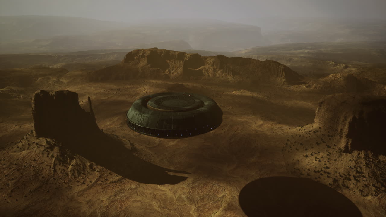 Ufo sighting over a desert landscape with rock formations during daylight