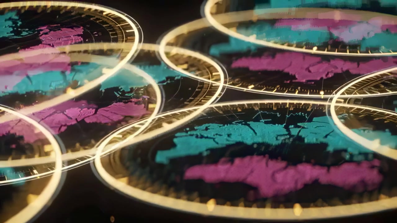 Animating map discs shifting after camera pullback on dark backdrop, revealing golden rings
