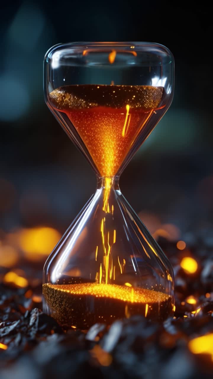 An Artistic Representation of an Hourglass with Glimmering Amber Liquid Flowing Between its Chambers, Set Against a Dark Background, Capturing the Passage of Time