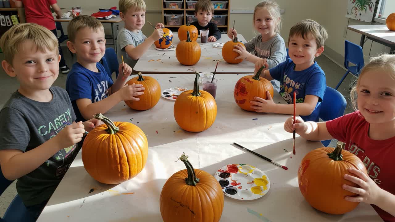 Children painting pumpkins during an autumn craft activity