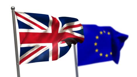 bandera de la unión y bandera europea ondeando contra un fondo blanco