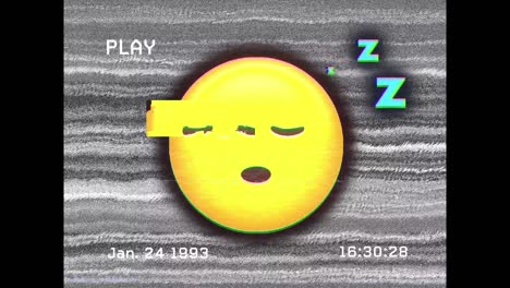 digital animation of vhs glitch effect over sleeping face emoji against tv static effect