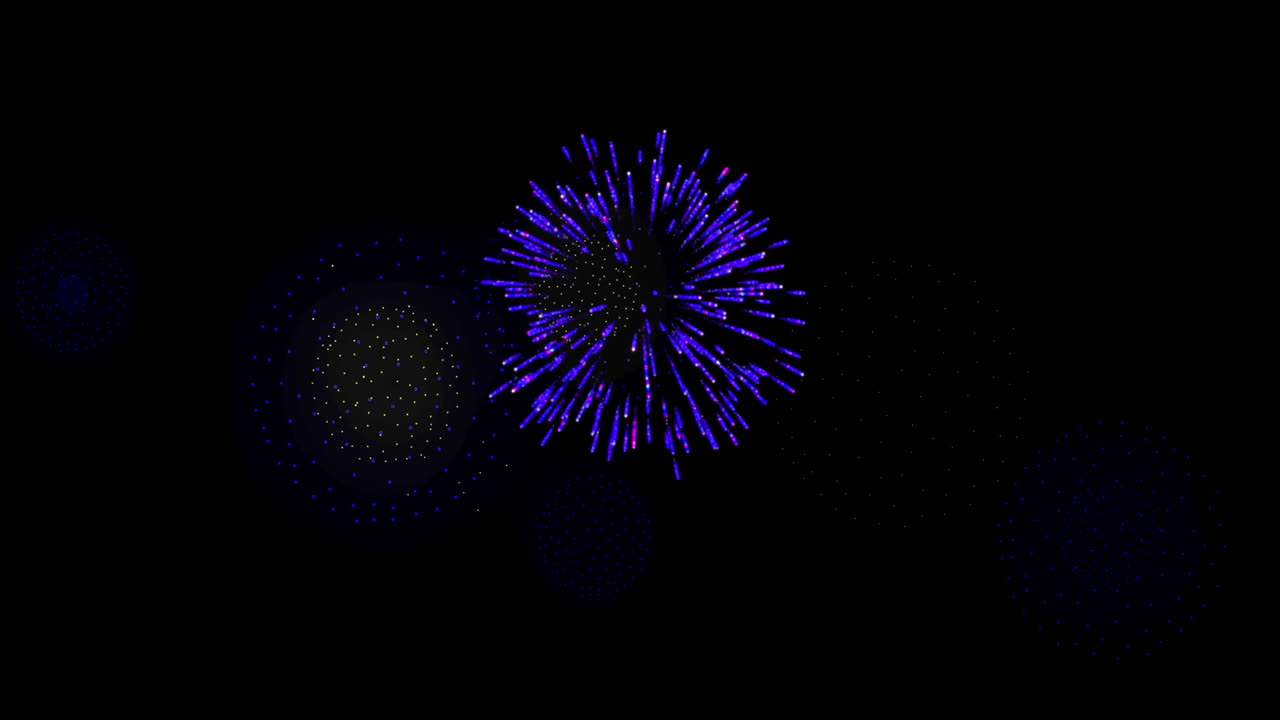 Animation of moving shapes and fireworks over black background