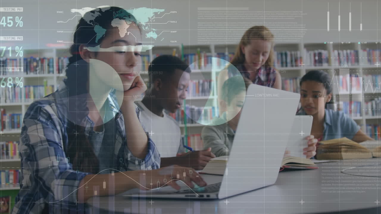 카우카스족 교사와 다양한 학생 그룹을 대상으로 금융 디지털 데이터 처리의 애니메이션.