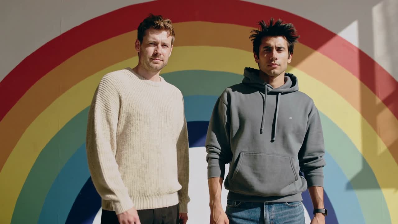 Two men posing by rainbow mural with diagonal shadow, camera tightening causing shifts for design