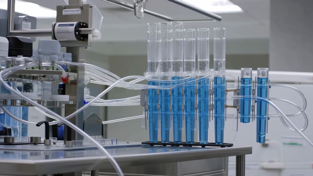 Side-angle view of laboratory automation with clear tubing, blue liquid-filled containers, reflective metal fittings, and smooth stainless steel surfaces in cool high-key light, suggesting