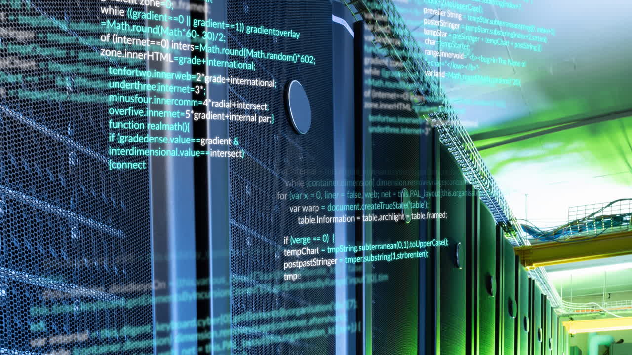 Animation of data processing against empty computer server room