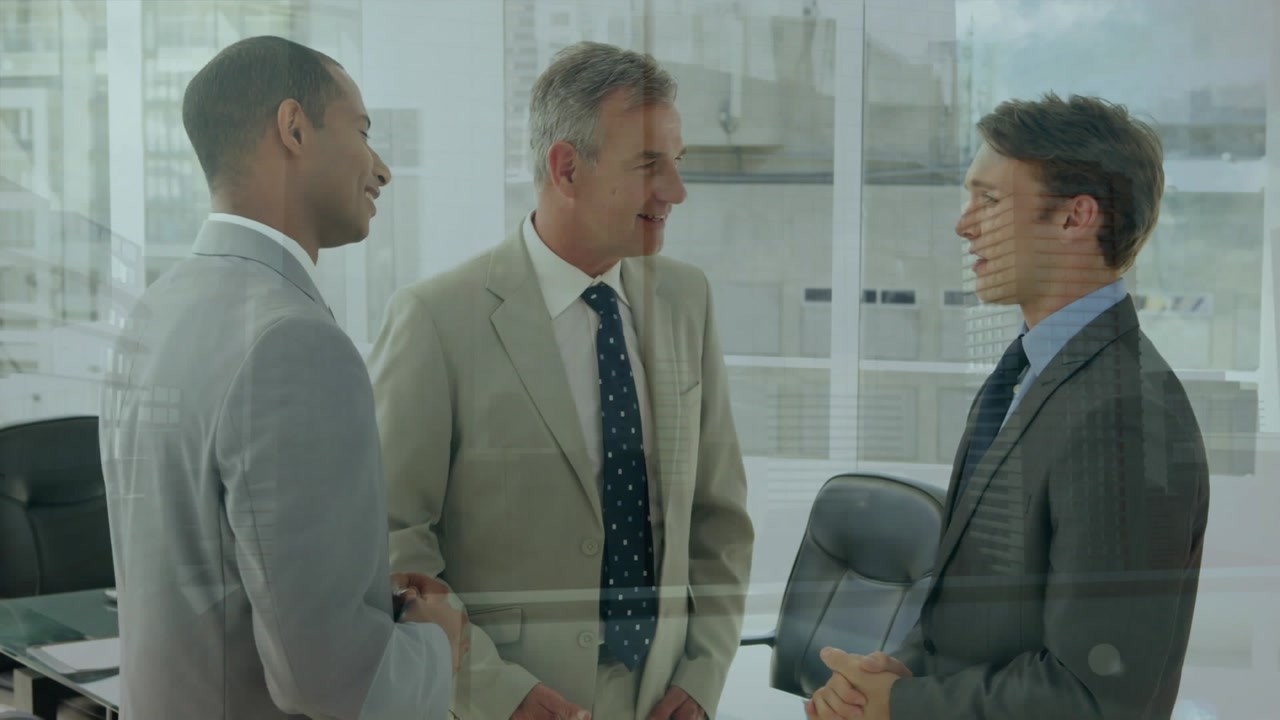 Animation of financial data processing over businessman and business people in office