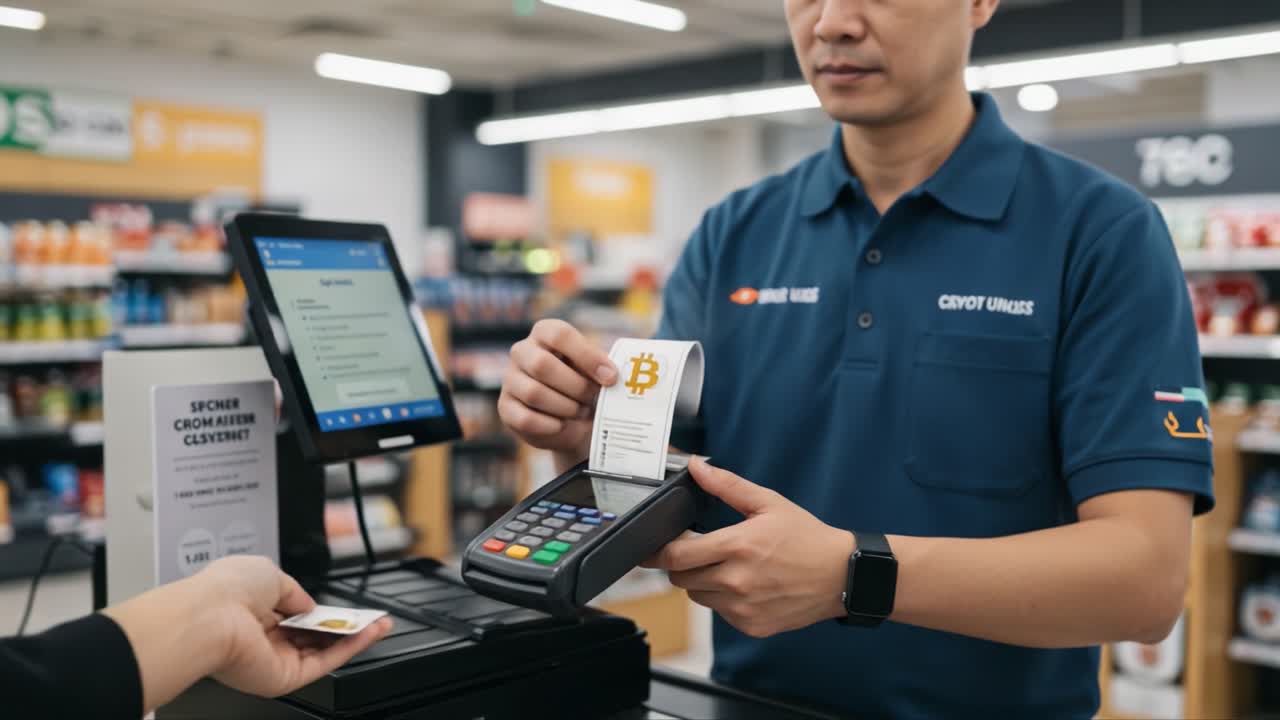 Customer Completing a Bitcoin Transaction at a Retail Checkout with a Payment Terminal and Cash Register in a Modern Store Environment
