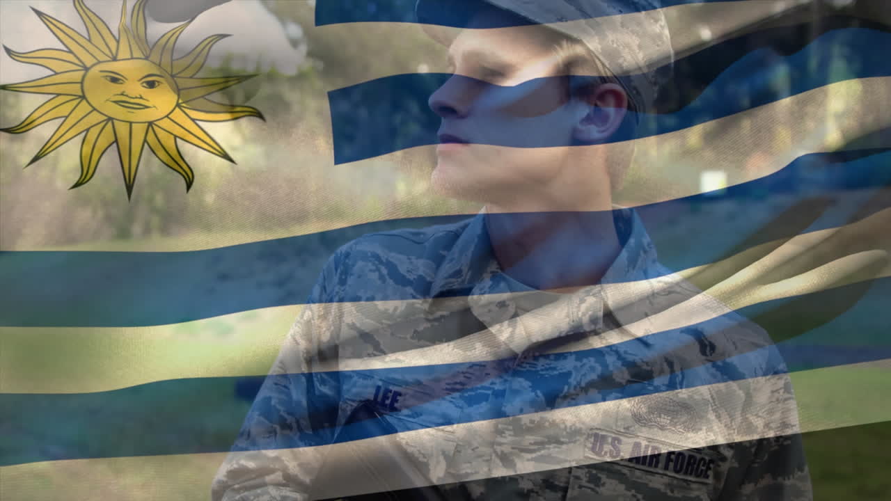 우루과이의 발이 백인 남성 군인 위에 있는 애니메이션