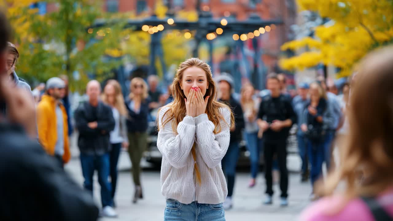 A Surprising Encounter: A Young Woman Expresses Emotion in a Bustling Urban Setting, Surrounded by a Crowd of Onlookers and Beautiful Fall Foliage