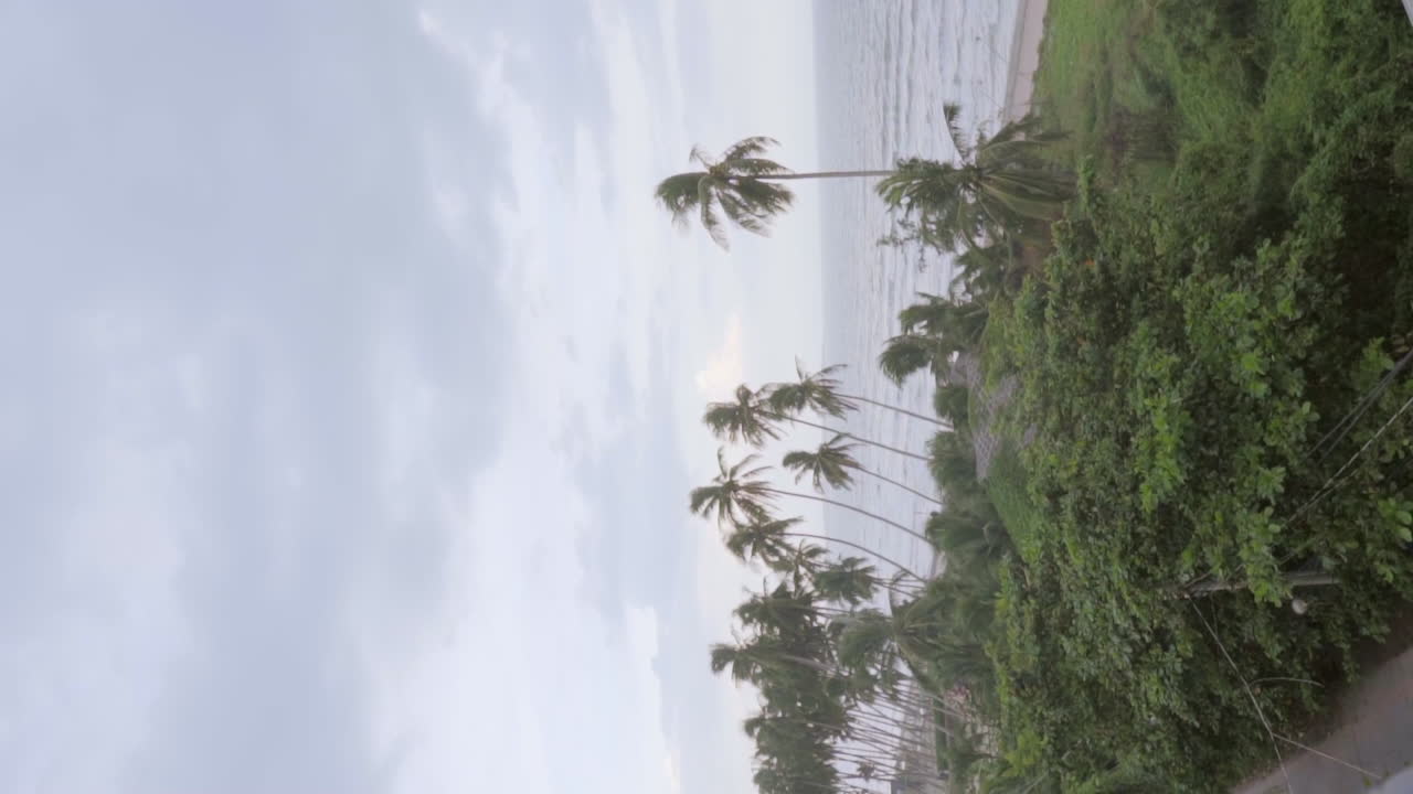 Video con panoramica verticale che mostra prima una splendida spiaggia e poi si sposta su una bellissima modella russa dai capelli lunghi sul tetto di una casa in Vietnam.