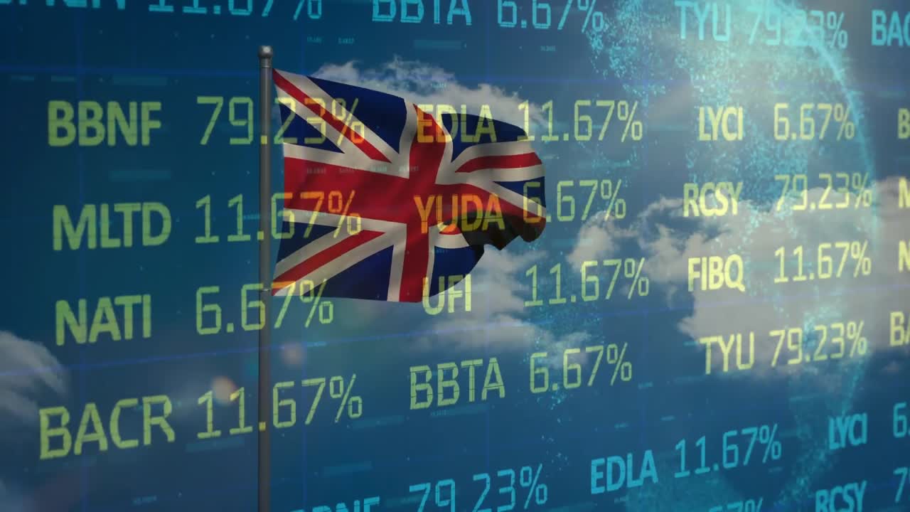 Animazione dell'elaborazione di dati di borsa su bandiera del Regno Unito sventolante e globo che gira