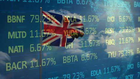 Animation-of-stock-market-data-processing-over-waving-uk-flag-against-spinning-globe