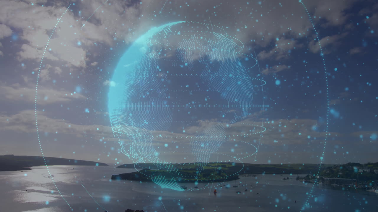 3D holographic globe hovering over coastal bay, showing floating data points near red-sailed boat