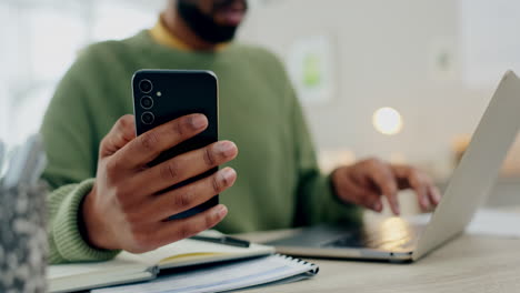 hands, phone and laptop with typing