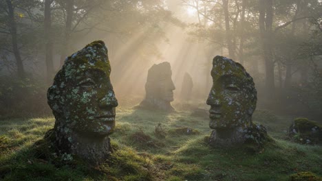mysterious stone faces emerging from a misty forest, captured in the glowing light of dawn, offering a sense of enigma and natural beauty