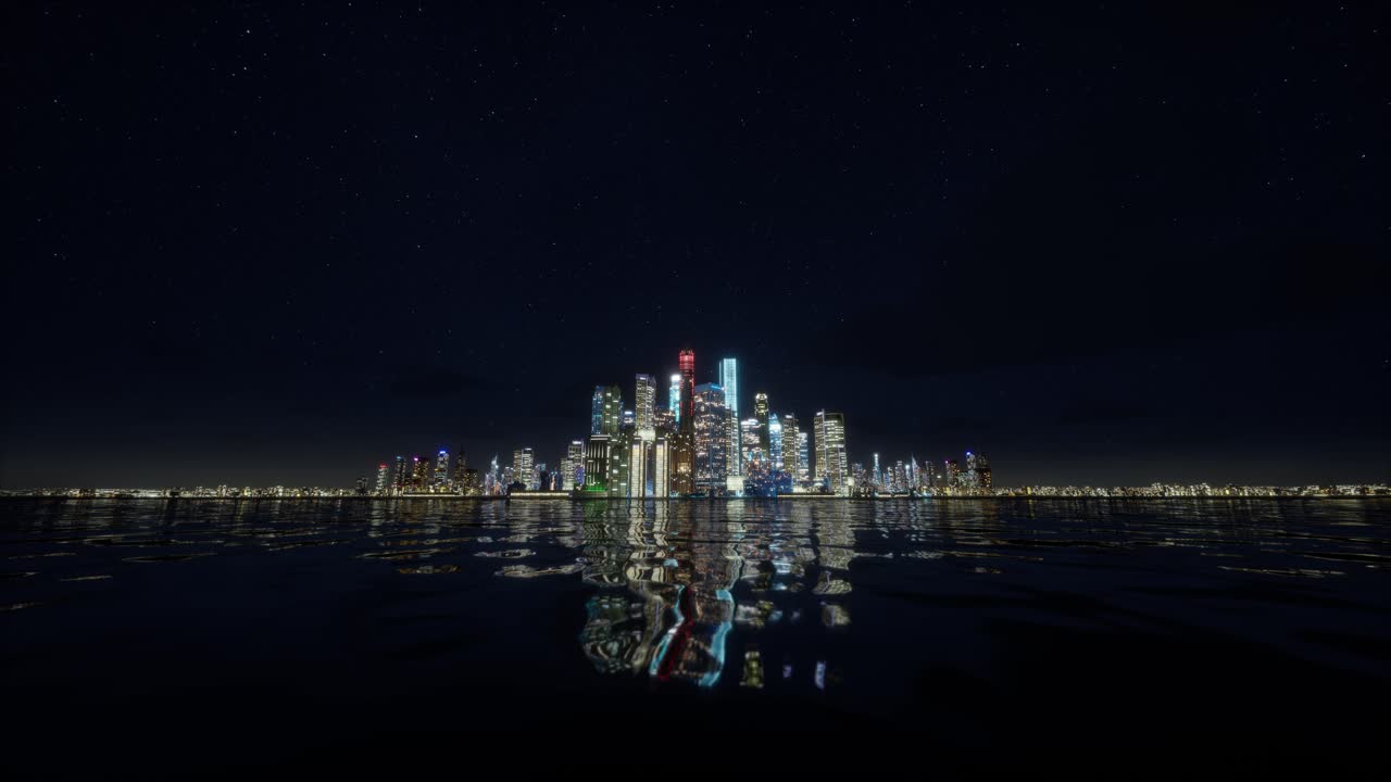 Illuminated Modern City Skyline Reflected On Water At Night