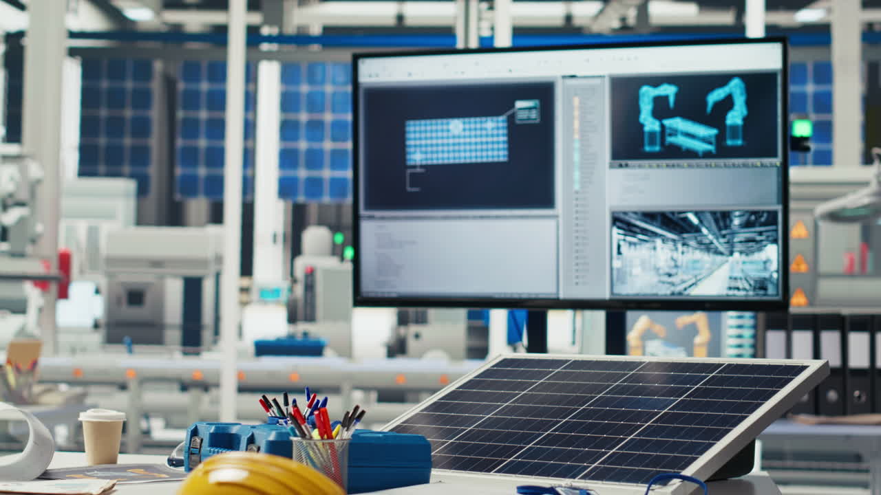 Monitor In Green Energy Solar Panels Plant With Software Used To Optimize Layouts