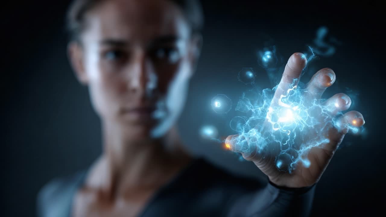 Uma pessoa conjurando energia vibrante com a mão, exibindo uma mistura cativante de luz e elementos místicos em uma atmosfera escura e misteriosa