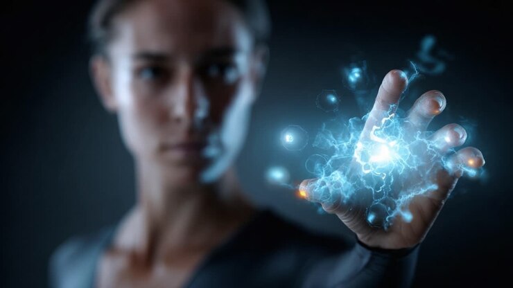 Uma pessoa conjurando energia vibrante com a mão, exibindo uma mistura cativante de luz e elementos místicos em uma atmosfera escura e misteriosa