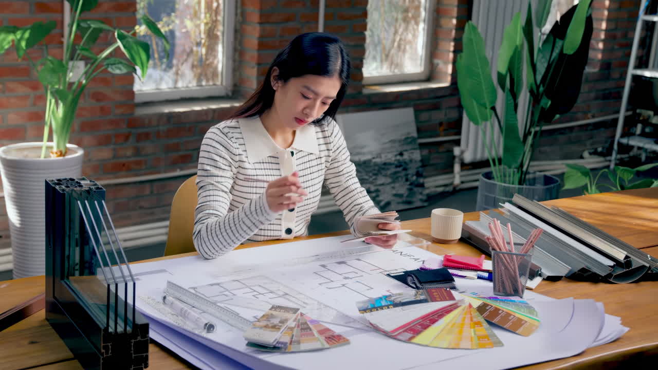 Portrait of pretty female interior designer in stylish clothes making some sketches while using graphic tablet at desk in the office