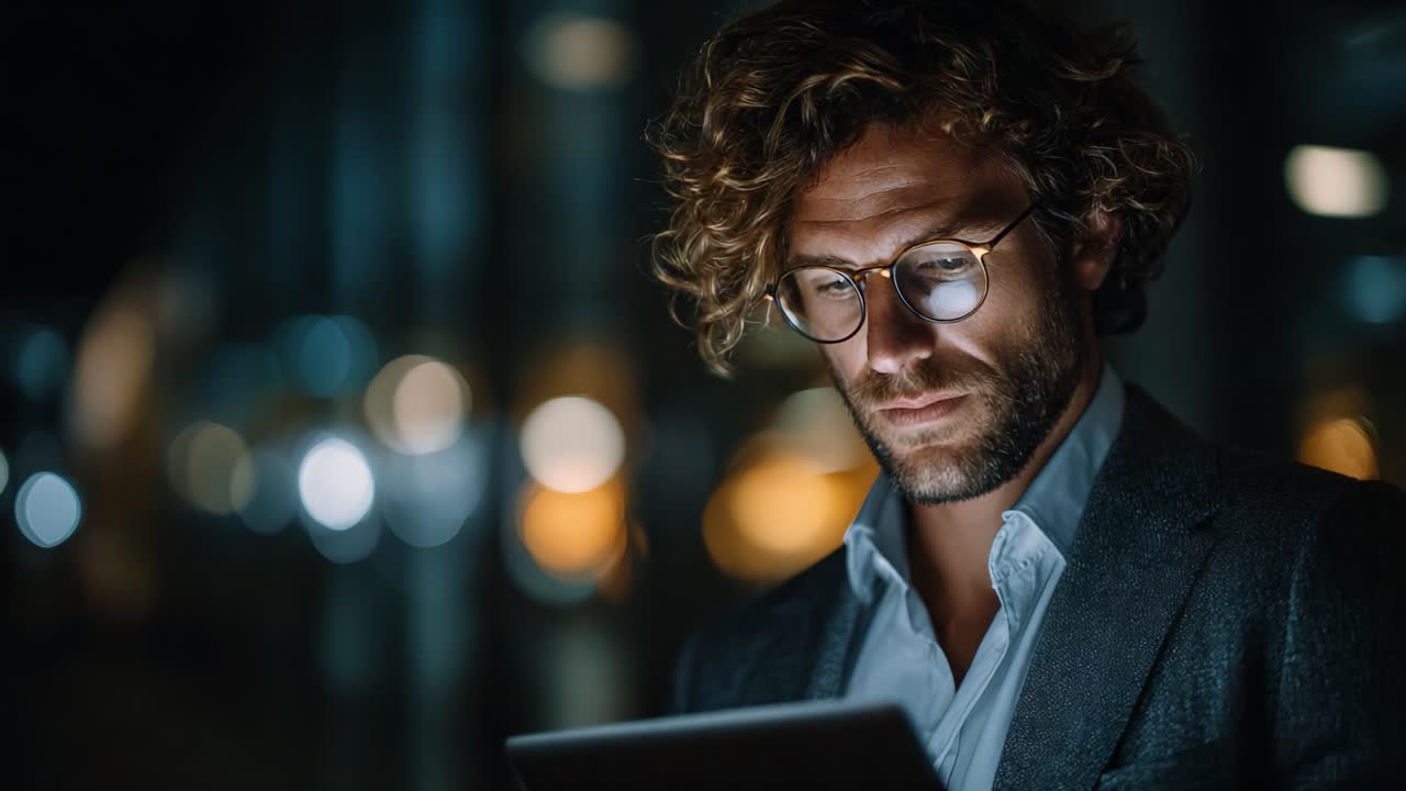 A Thoughtful Individual Analyzing Information on a Tablet in an Atmospheric Setting with Soft Ambient Lighting and Blurred Background Elements
