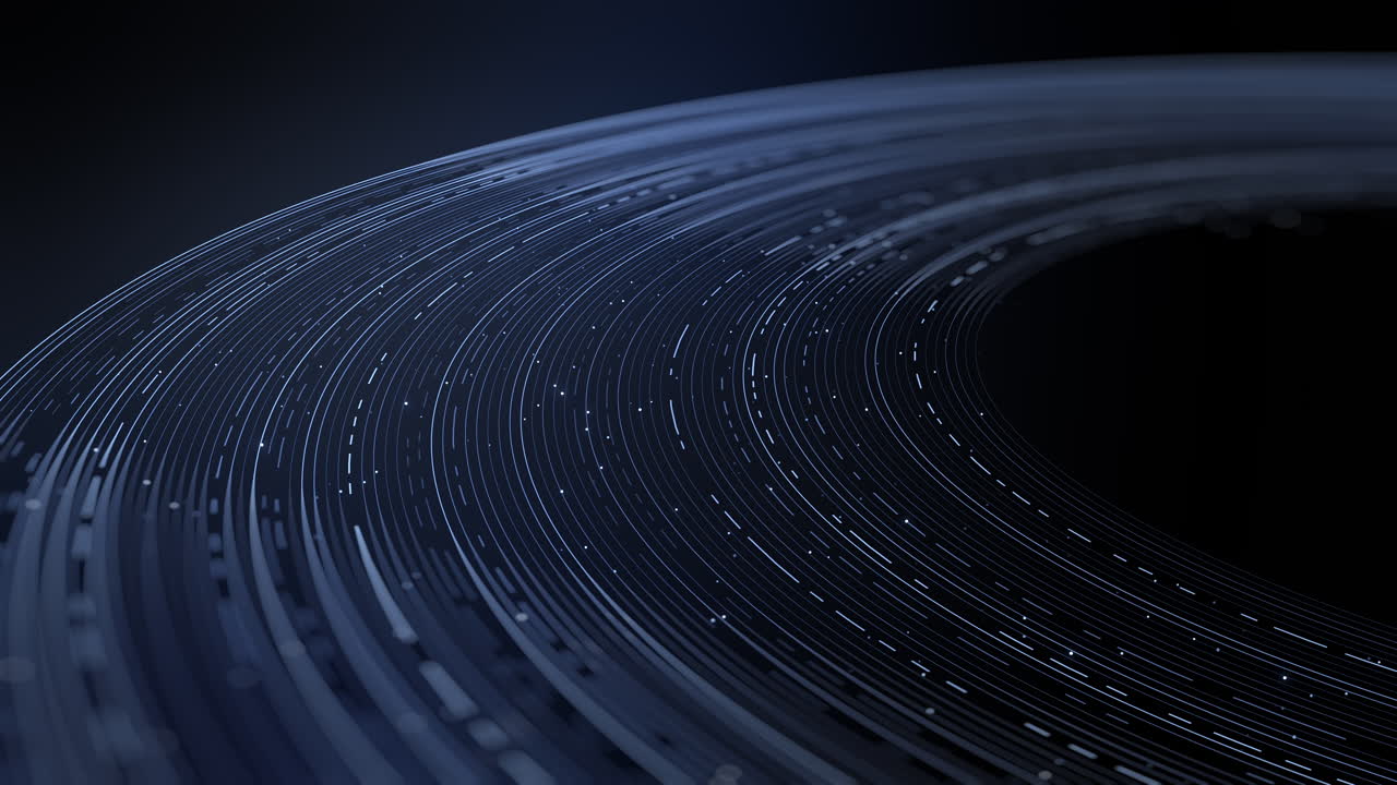 Abstract blue lines and dots form a dynamic, swirling pattern against a dark background, representing digital data flow, technology, connectivity. Ideal for modern science and communication concepts