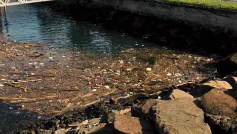 Los-Escombros,-La-Madera-Y-La-Basura-Plástica-Que-Flotan-En-La-Costa-Traída-Por-La-Corriente-Oceánica-Muestran-La-Contaminación-De-Los-Océanos,-Ríos-Y-Playas-Causada-Por-La-Mala-Gestión-De-Los-Desechos