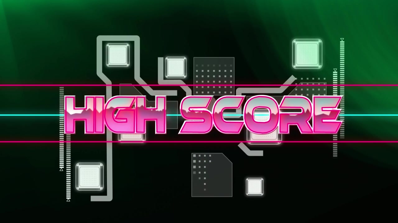 Animation of level up text and digital screens on blue background