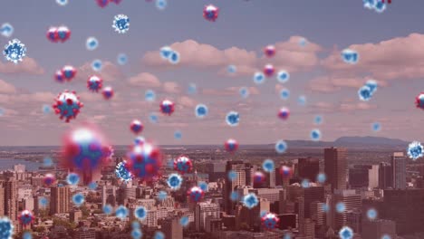 Animation-of-covid-19-cells-floating-over-cityscape-on-pink-background
