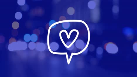 animation of heart icon over cityscape at night on blue background