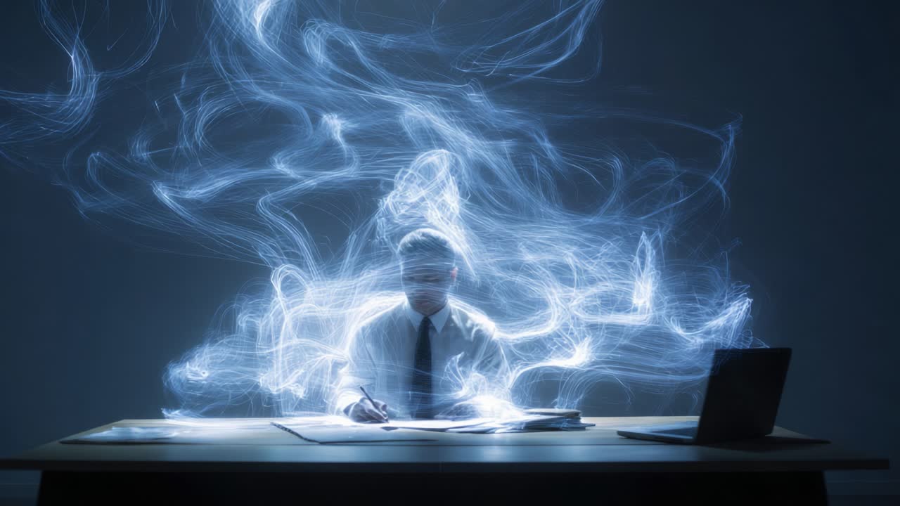 Mysterious businessman sitting at a desk and signing a document while surrounded by a glowing ethereal aura, representing spiritual energy, soul, creativity, and the power of thought