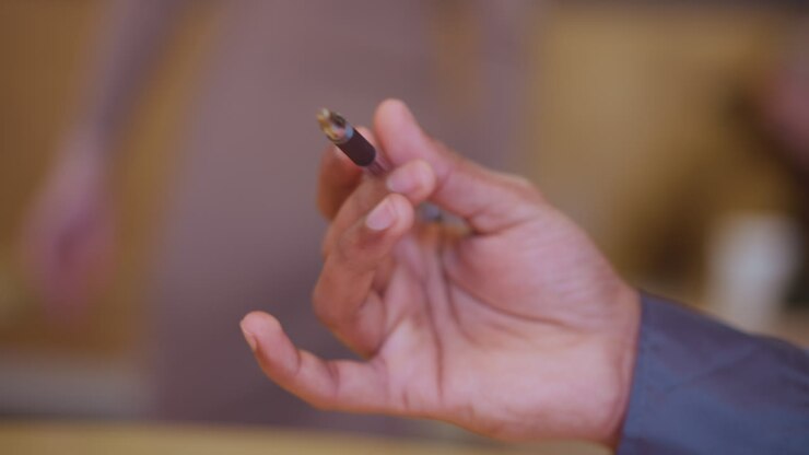 Close-up of male hand holding pen upright with fingers in relaxed grip, suspended mid-air in moment of hesitation, contemplation or focus, captured against softly blurred warm indoor background scene