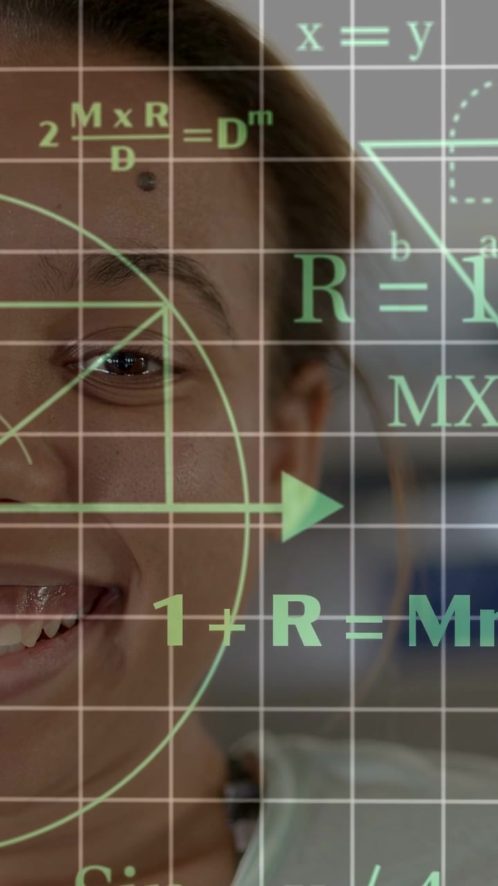 Woman looking forward, smiling as green education grid aligning on eye, demonstrating math formulas