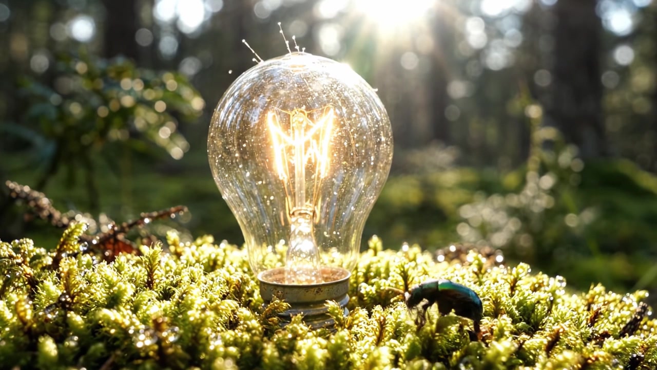 A Spark of Life: Illuminated Light Bulb on Lush Green Moss with Glittering Background of Nature and an Insect Enhancing the Scene's Beauty