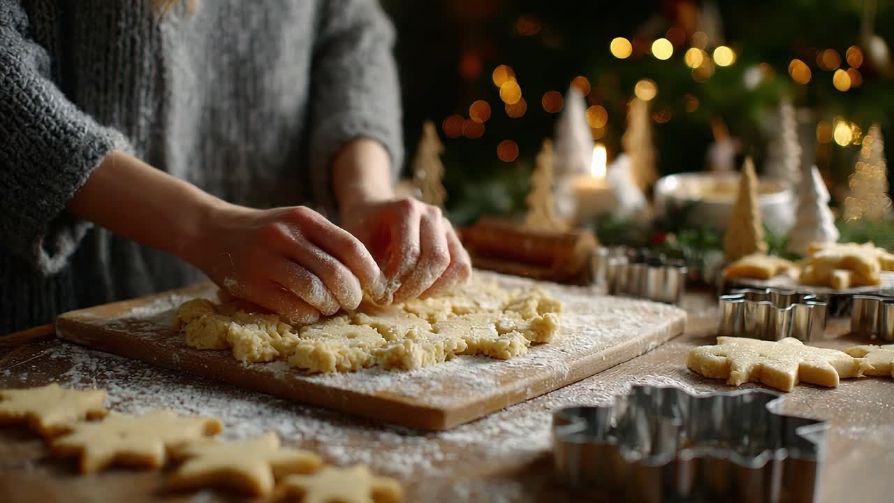 Preparazione di dolcetti natalizi: un'accogliente scena di preparazione di biscotti con un'atmosfera festiva, mani cosparse di farina che modellano deliziosi biscotti a forma di stella per festeggiare