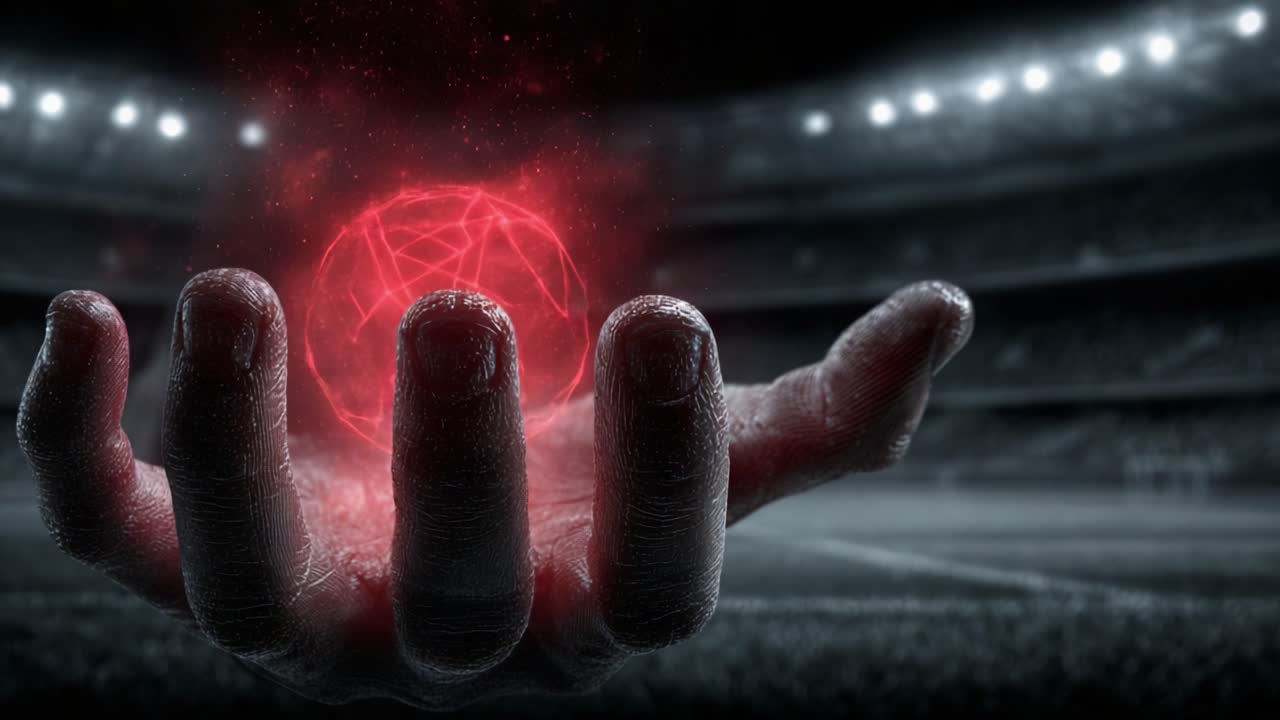 Dynamic Energy and Mystical Power Captured in a Single Moment: A Hand Embraces a Vibrant Red Sphere Amidst a Dimly Lit Stadium Setting