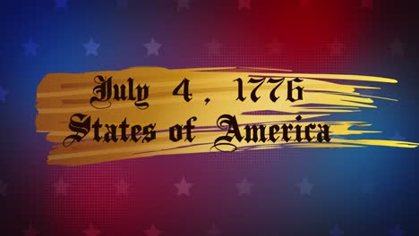 Animation-Des-Datumstextes-Der-Amerikanischen-Unabhängigkeit-über-Weißen-Sternen-Auf-Rotem-Und-Blauem-Hintergrund