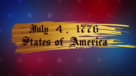 animation of american independence date text over white stars on red and blue background