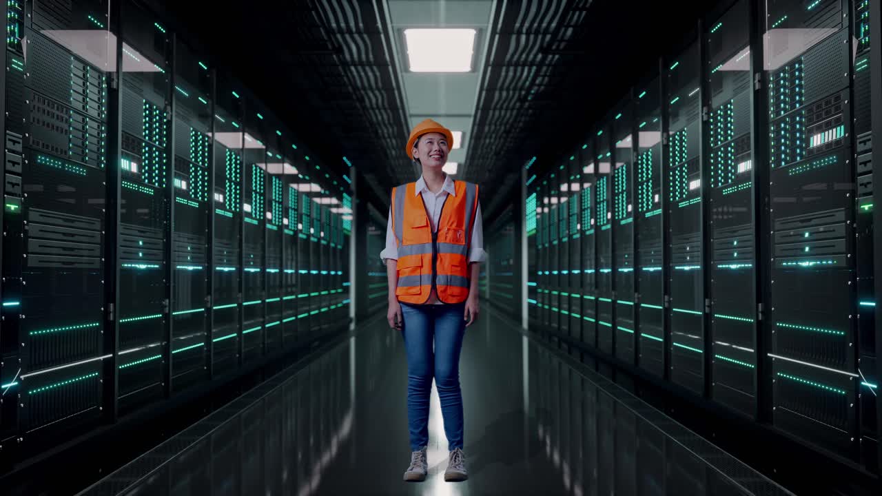 Full Body Of Asian Female Engineer With Safety Helmet Looking Around While Standing in Server Room Data Center