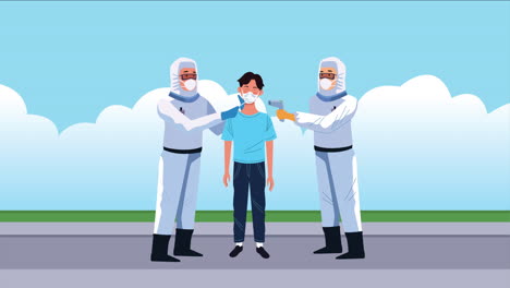 biosafety workers with thermometer and patient covid19 control