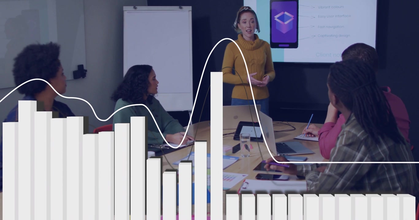 Presenter showing app mockup while speaking in business meeting, animated bars and waveform rising