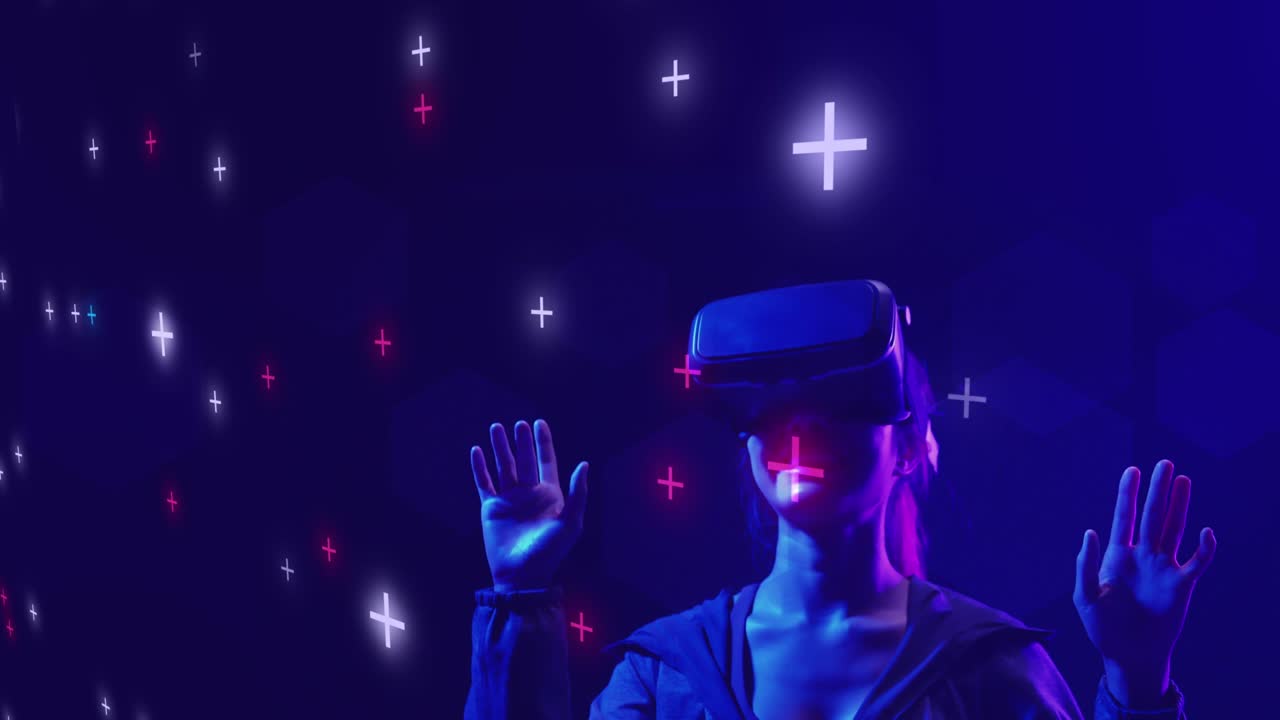 십대 여성이 vr 가상 현실 mr. 혼합 현실 메타버스 게임을 하고 vr 고글을 착용하고 가상 사이버 공간을 관찰하고 미래주의적 추상적인 디지털 기술 배경