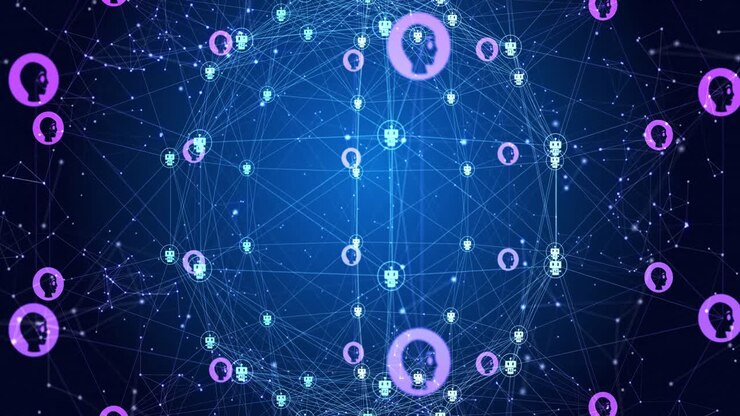 Animation of globe of connections with icons on blue and black background